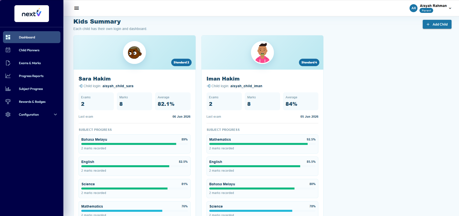 nextV parent dashboard showing kids summary and subject progress