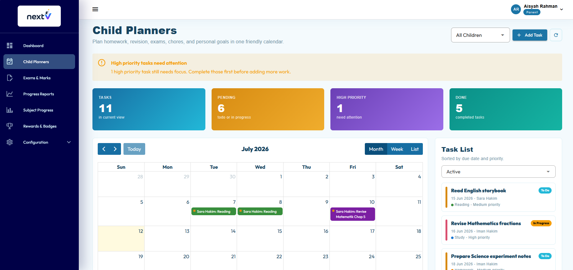 nextV child planner calendar with homework and revision tasks