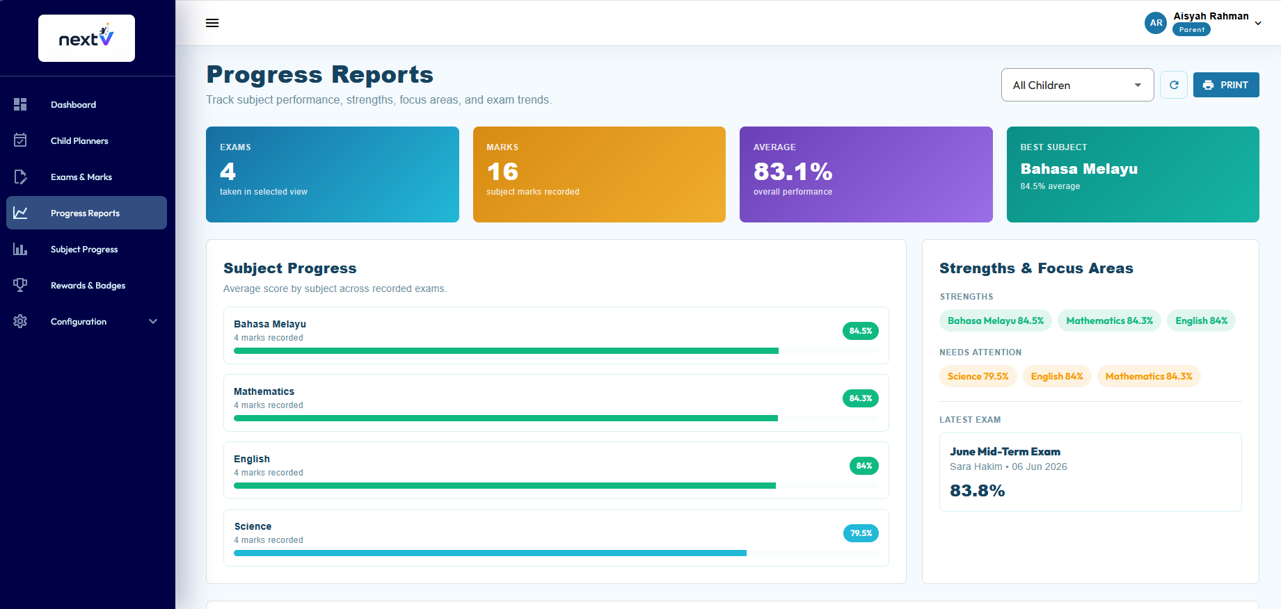 nextV progress report with subject averages and strengths