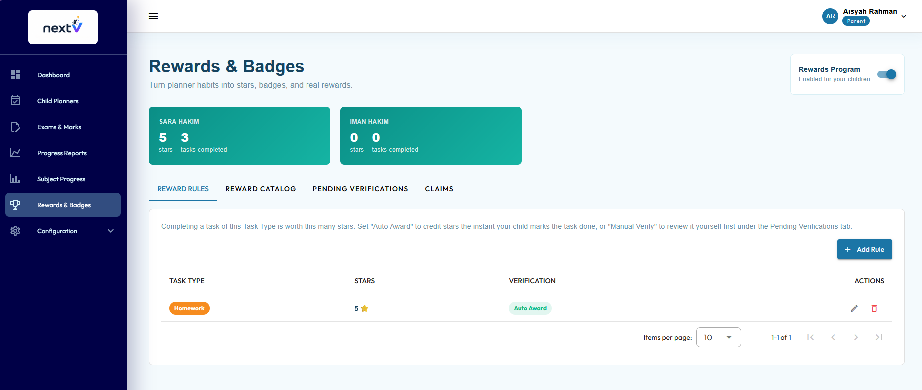 nextV rewards and badges reward rules screen